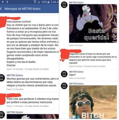 Queja. En redes sociales un usuario se quejó de la admisión de una pareja gay a un restaurante. 