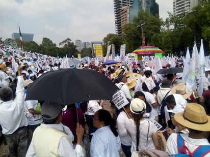 Los manifestantes portan banderines del Frente Nacional por la Familia, y pancartas en las que se lee 'Mi familia es el mejor regalo que tengo', 'Nosotros niños y niñas queremos tener mamá y papá', 'Los papás tenemos derecho a educar a nuestros hijos e hijas'. (TWITTER) 
