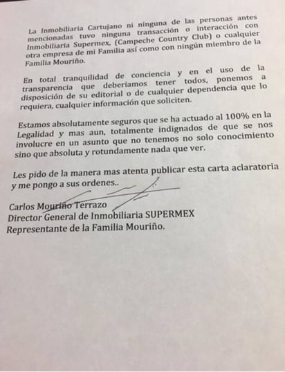 Aclara. En Facebook, Carlos Mouriño Terrazo compartió el boletín que envió para desmentir cualquier relación con Duarte.