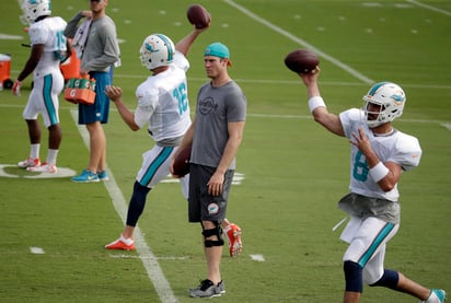 Ryan Tannehill (c) no entrenó ayer con los Dolphins, que se preparan para enfrentar el domingo a Steelers. (AP)