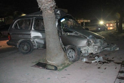 Accidente. La camioneta quedó destrozada luego de derribar el arbotante y chocar con la palma.