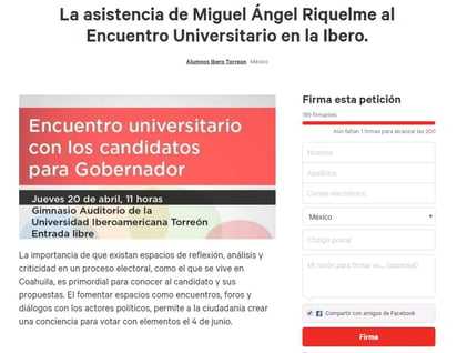 La petición, va dirigida a Miguel Riquelme y al Partido Revolucionario Institucional (PRI), en Coahuila y Torreón. (ESPECIAL)