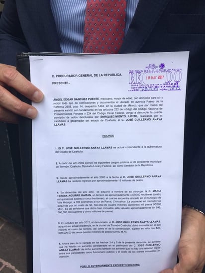 Fue durante la tarde ayer que se dio a conocer el documento que se presentó ante la PGR donde se pide que incauten los bienes de Anaya y se investigue el origen de los recursos con que fueron comprados. (ESPECIAL)