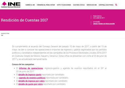 El informe puede ser consultado en la página de internet del Instituto (http://portal.ine.mx/rendicion-cuentas-2017/). (ESPECIAL)
