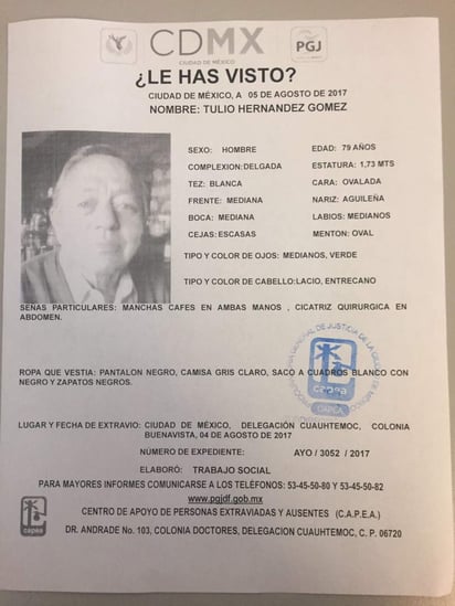 En la ficha se lee que Tulio tiene 78 años, mide 1.73 metros, tiene ojos verdes y una cicatriz quirúrgica en el abdomen. (ESPECIAL)