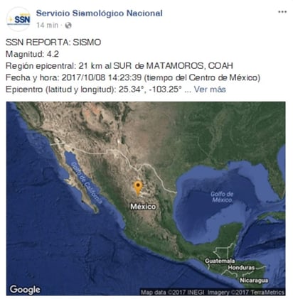 El SSN registró un sismo en Matamoros, Coahuila. (ESPECIAL) 