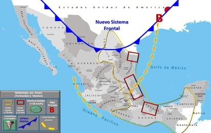 El sistema meteorológico provocará intervalos de chubascos con tormentas puntuales fuertes (25 a 50 mm) en Coahuila, Querétaro, Tlaxcala y Campeche. (ESPECIAL)