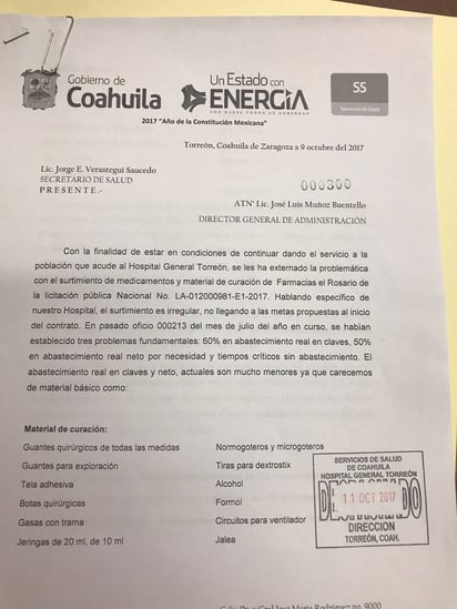 Documento. En este oficio, se expone la problemática por la que atraviesa el Hospital General de la ciudad de Torreón. (EL SIGLO DE TORREÓN)