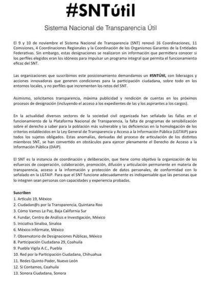 Exponen que el SNT es la instancia de coordinación y deliberación, que tiene como objetivo la organización de los esfuerzos de cooperación, colaboración, promoción, difusión y articulación permanente en materia de transparencia, acceso a la información y protección de datos personales. (TWITTER)