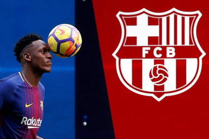 El central colombiano Yerry Mina durante su presentación como nuevo jugador del Barcelona, ayer por la mañana en el Camp Nou. Presentan a Yerry Mina en Barcelona