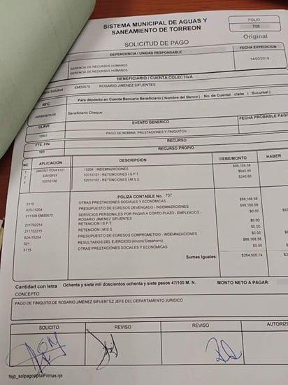 El Simas Torreón extendió un cheque por pago de finiquito por un total de 87 mil 287.47 pesos en favor de Rosario Jiménez Sifuentes, quien desde el 3 de enero asumió el cargo de directora Jurídica del organismo operador, pero el 9 de febrero solicitó por escrito su licencia para separarse del cargo. (EL SIGLO DE TORREÓN)