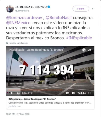 El Bronco cuestiona al INE por validar firmas