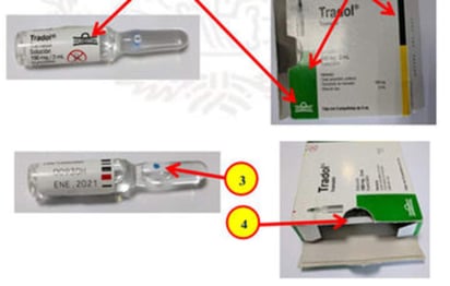 Las anomalías detectadas fueron: el logo visualizado en el empaque y en la ampolleta no corresponden a la empresa; el color verde es diferente entre el lado izquierdo y el derecho de la caja; la parte superior de la ampolleta muestra un punto azul y el soporte de las ampolletas es blanco opaco y no contiene instructivo. (COFEPRIS)