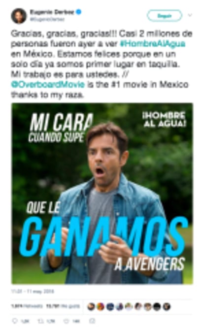 El tuit original de Derbez contiene una imagen en la que aparece el actor con cara de sorpresa y el mensaje: “Mi cara cuando supe que le ganamos a Avengers”. (ARCHIVO)