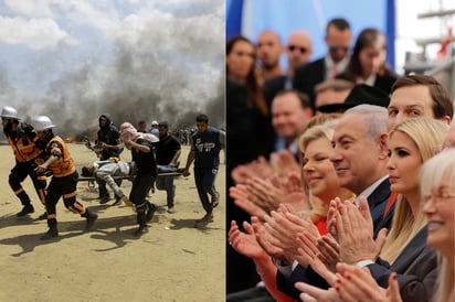 Contraste. A la izquierda, rescatistas trasladan a un herido tras la represión israelí de las protestas en la Franja de Gaza, en Palestina; a la derecha, el primer ministro israelí, Benjamín Netanyahu, aplaude al lado de Ivanka, hija del presidente norteamericano Donald Trump, en la ceremonia de inauguración de la embajada de Estados Unidos en Jerusalén. (AGENCIAS)