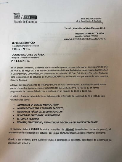 Estudios. Este es el documento en el que la dirección general del Hospital General de Torreón informa sobre el convenio. (EL SIGLO DE TORREÓN)