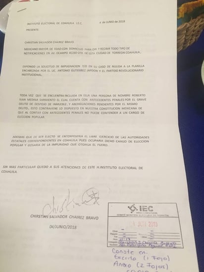 Dos denuncias, una para impugnar la planilla del candidato tricolor a la alcaldía, José Antonio Gutiérrez Jardón, y otra en contra de Hugo Dávila, dirigente municipal de su partido en Torreón, por presuntas agresiones a su pareja. (EL SIGLO DE TORREÓN)