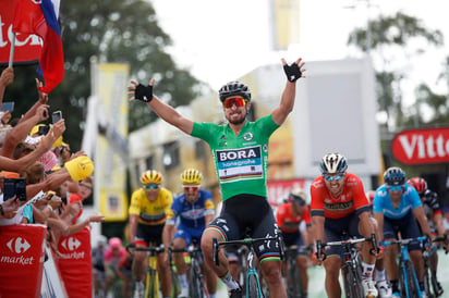 Peter Sagan celebra tras cruzar la meta en primer lugar, es la segunda etapa que gana el eslovaco en esta edición del Tour de Francia. (AP)