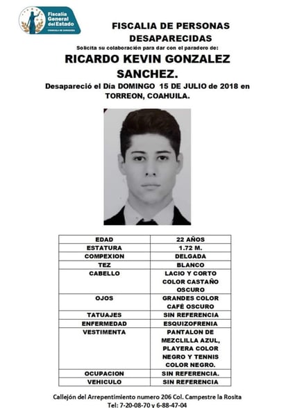 Ricardo Kevin, mide 1.70 metros de estatura, es de complexión delgada, tez blanca y ojos café grandes. Padece de esquizofrenia. (ESPECIAL)