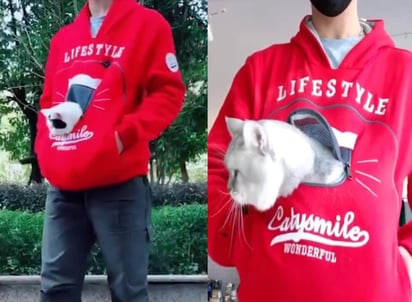 Una sudadera con bolsa para cargar gatos. (INTERNET)