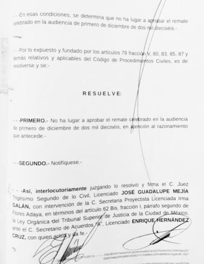 Dato. Esta fue la resolución del Juzgado Trigésimo Segundo de lo Civil del Tribunal Superior de Justicia de la Ciudad de México. (EL SIGLO DE TORREÓN)