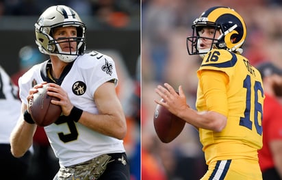 Drew Brees (i), de los Santos de Nueva Orleáns, y Jared Goff, de los Carneros de Los Ángeles, representan la madurez y juventud en la final de la Nacional.