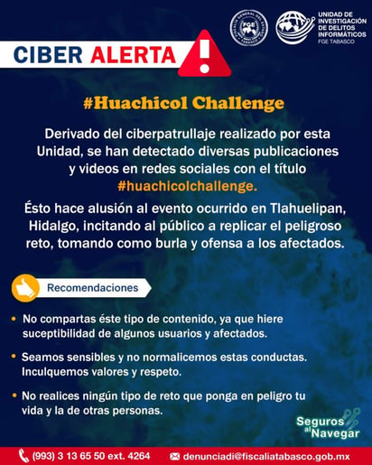 La Fiscalía General del Estado (FGE) Tabasco emitió una alerta contra el #HuachicolChallenge, un reto que circula en redes sociales que hace alusión a los lamentables hechos ocurridos en Tlahuelilpan, Hidalgo, el cual ha cobrado la vida de 114 personas. (TWITTER)