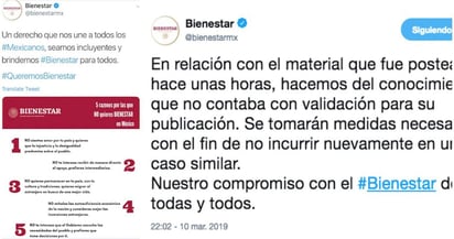 El polémico tuit fue eliminado de la cuenta de la Secretaría del Bienestar. (ESPECIAL) 