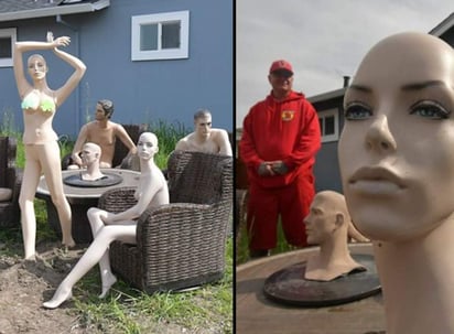 El dueño dice que si quieren ver su patio, una fiesta con maniquís desnudos es lo que reciben. (INTERNET)