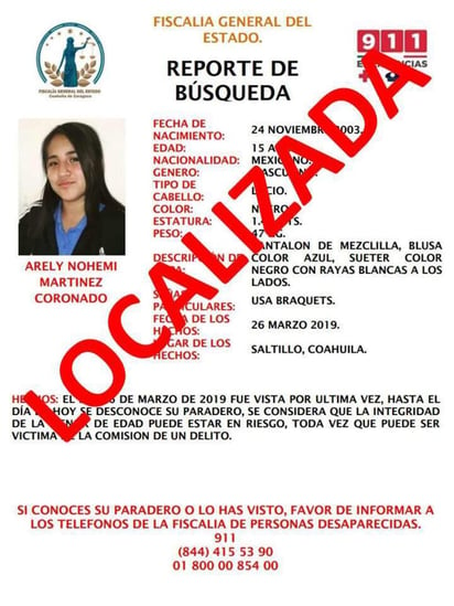 Se trata de la menor Arely Nohemí Martínez Coronado de 15 años de edad. (ESPECIAL)