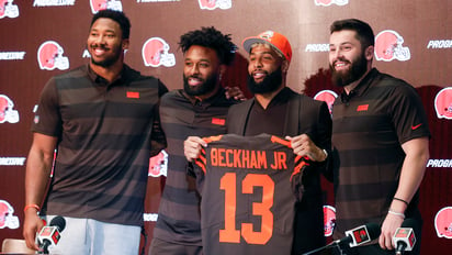 De izquierda a derecha: Myles Garrett, Jarvis Landry, Odell Beckham Jr. y Baker Mayfield.