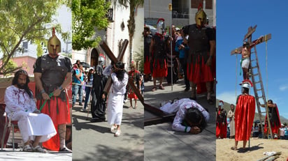 El Viacrucis en Lerdo inició a las 11 de la mañana en la plaza de armas, frente a la iglesia del Sagrado Corazón de Jesús, de donde partió hasta llegar a la Parroquia de Guadalupe en la colonia San Isidro. (EL SIGLO DE TORREÓN)