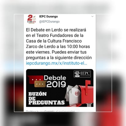 El IEPC de Durango y el Consejo Municipal Electoral de Lerdo ya están listos para el debate entre candidatos. Es el viernes. (EL SIGLO DE TORREÓN)