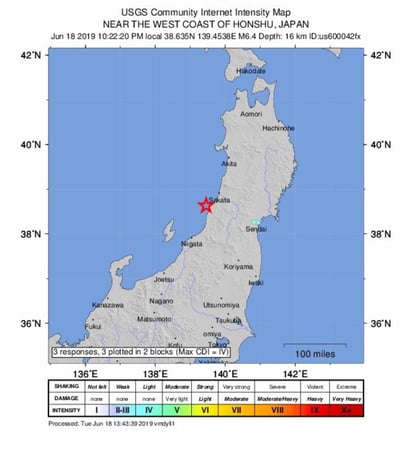 El epicentro fue situado en el mar, cerca de la costa noroccidental de Japón y frente al limite de las prefecturas de Niigata y Yamagata, con una profundidad de 10 kilómetros. (EFE)

