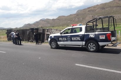 El tráiler se salió del camino y terminó volcado sobre su costado derecho a la altura del ejido Los Ángeles de Lerdo. (EL SIGLO DE TORREÓN)