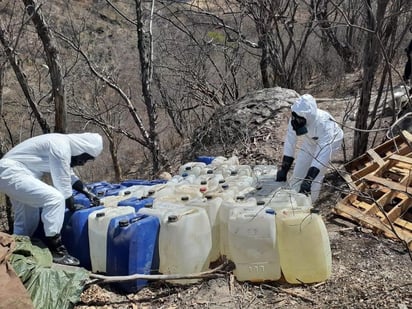 La Secretaría de Marina de México 'localizó, aseguró e inhabilitó' dos almacenes con 300 kilogramos de marihuana y miles de litros de productos que se usan para elaborar drogas en el municipio de Culiacán, Sinaloa. (EFE)