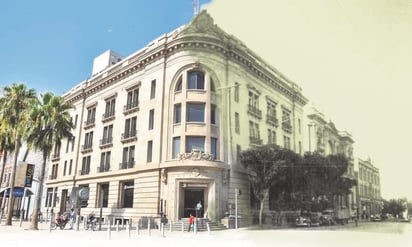 Banco de La Laguna. Creado en 1912 con fotografía del Archivo Municipal de 1930 aproximadamente. Se encuentra modernizado por su alrededor pero con los detalles distintivos y fachada conservados. (Fotos: Ernesto Ramírez/Archivo Municipal - Diseño: Ernesto Lazalde)