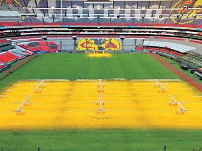 Un sistema holandés de iluminación artificial se está utilizando en la cancha del Azteca, para acelerar el crecimiento del césped. (ESPECIAL)