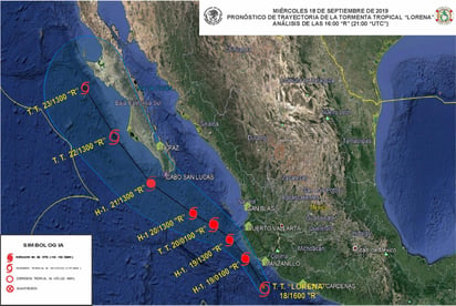 La Comisión Nacional del Agua (Conagua) informó que pese a que 'Lorena' se degradó a tormenta tropical, se prevé que en las próximas 12 horas vuelva a intensificarse a huracán categoría 1 en la escala Saffir-Simpson. (NOTIMEX)