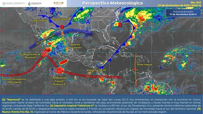 'Raymond' se debilitó este domingo de tormenta tropical a baja presión remanente, a una distancia de 440 kilómetros de la costa del estado mexicano de Baja California Sur, informó el Servicio Meteorológico Nacional (SMN). (ARCHIVO)