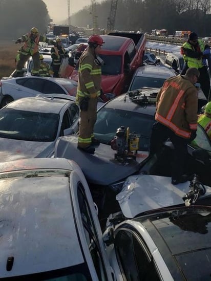  Al menos 35 personas resultaron lesionadas después de que 63 vehículos protagonizaran un choque múltiple en una carretera del estado de Virginia, en Estados Unidos, al parecer como consecuencia de la niebla y el hielo, informaron las autoridades locales este domingo. (ESPECIAL)