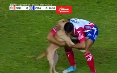 Germán Berterame fue el encargado de sacar al perrito de la cancha del Estadio Alfonso Lastras. (ESPECIAL)