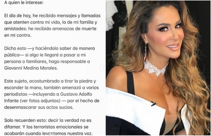 La cantante y actriz publicó una carta en la que asegura haber recibido amenazas de muerte. (ESPECIAL)