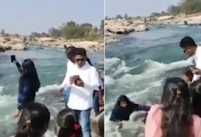 La mujer resbala y cae accidentalmente hacia el río, cuya corriente la arrastra. (INTERNET)