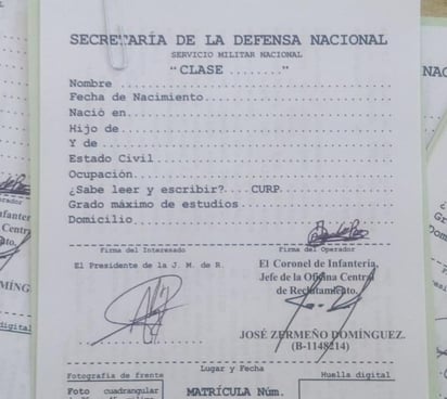 A través de la Junta Municipal de Reclutamiento en Francisco I. Madero se informó que ya iniciaron el trámite para que los jóvenes nacidos en el año 2003 y anteriores puedan tener su cartilla de identidad del Servicio Militar Nacional. (MARY VÁZQUEZ)