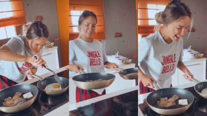 Belinda es la chef consentida de Christian Nodal, con pijama, chongo y mucho amor, es como la cantante se dejó ver en un video que ambos compartieron en sus redes, donde la intérprete de Sapito se muestra muy feliz cocinándole a su amado. (ESPECIAL)