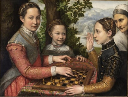 En la exposición se exhiben obras maestras como el “Juego de ajedrez”, de 1555, que representa a tres de las hermanas de Sofonisba Anguissola, creadora de la pintura. (INSTAGRAM / @palazzorealemilano)