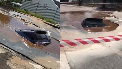 La camioneta casi terminó hundida por completa en el socavón (CAPTURA) 