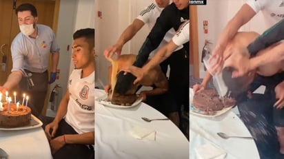 Orbelín Pineda fue el motivo del festejo entre los seleccionados, quienes no pudieron evitar algo que ya es muy tradicional en los clubes, pastelazo con baño de agua, aunque en este caso se pretendió hacer con jugo. (ESPECIAL)