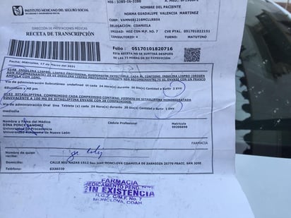 Luego de la denuncia pública hecha el pasado dos de abril por el asegurado Francisco Colin Ramírez por la falta de insulina en el IMSS para su esposa, el Instituto Mexicano del Seguro Social informó que no han recibido quejas por desabasto de algún tipo de fármaco. (El SIGLO DE TORREÓN) 